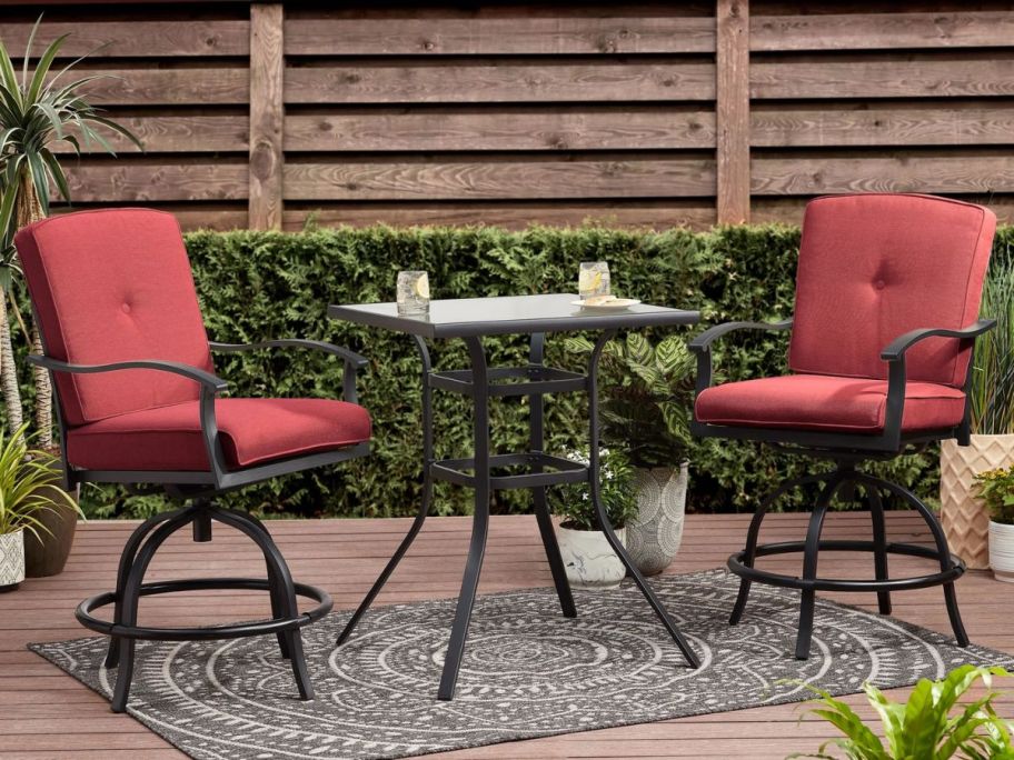 red Mainstays Belden Park 3-Piece High Bistro Set on patio