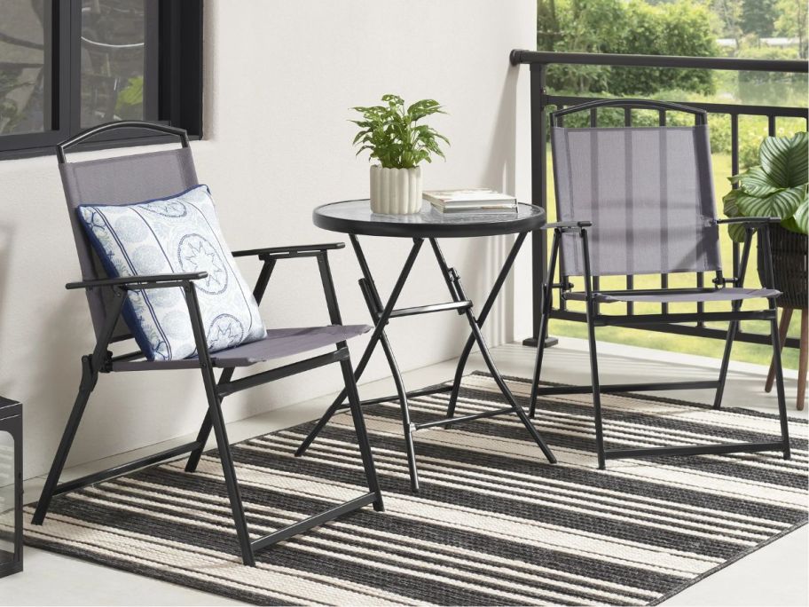 gray Mainstays Albany Lane 3-Piece Outdoor Bistro Set on porch