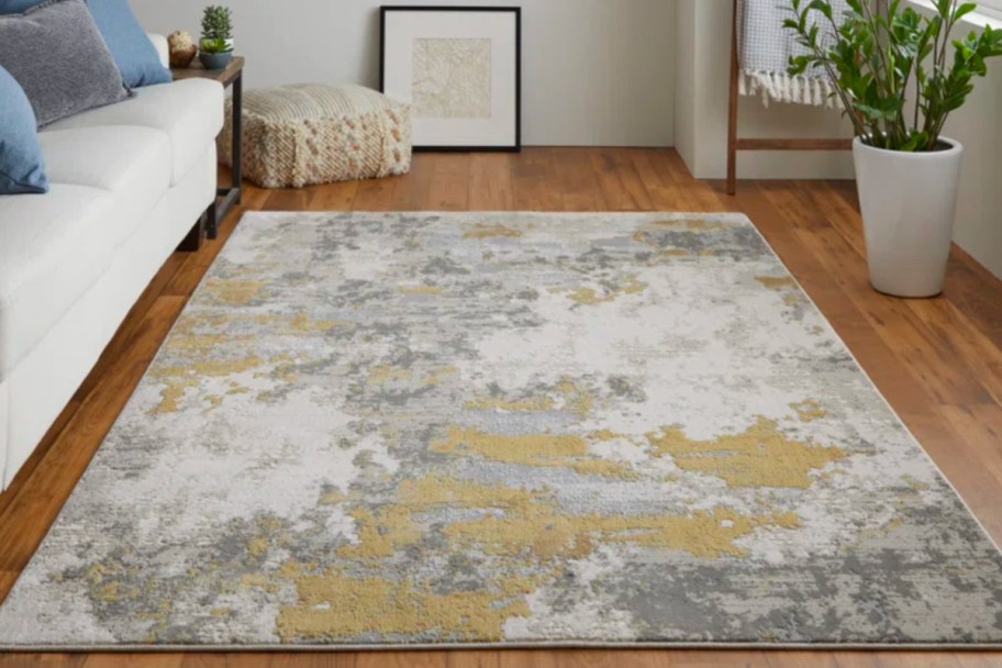 gold grey blue abstract area rug
