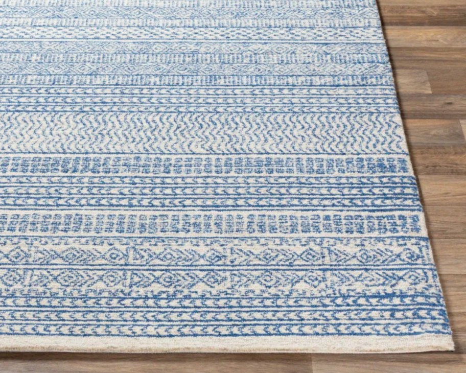 blue and white patterened rug
