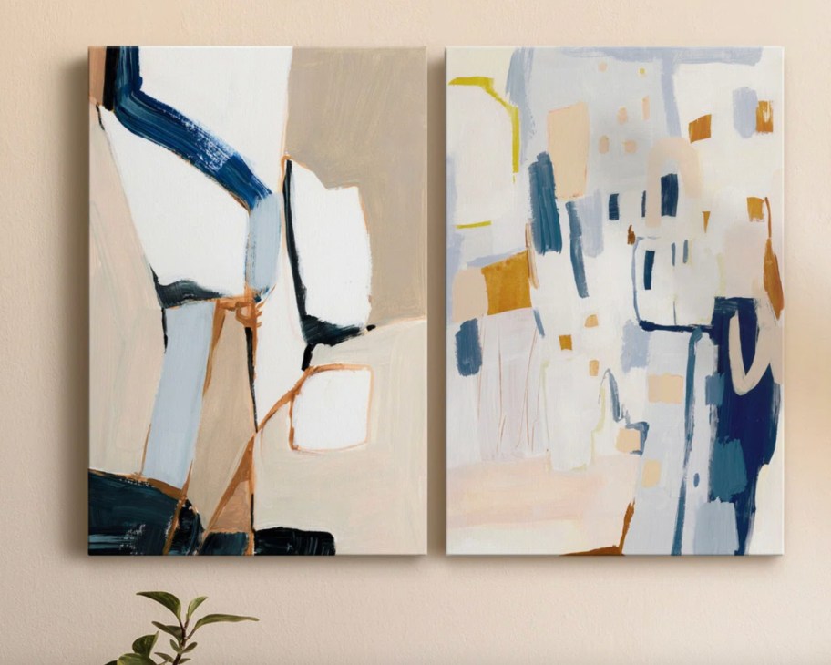 two abstract blue and beige paintings