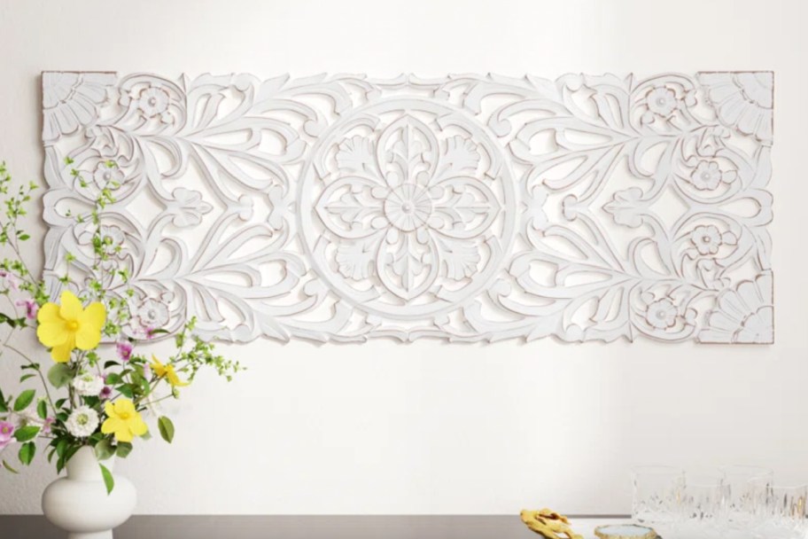 white floral lattice wood wall decor