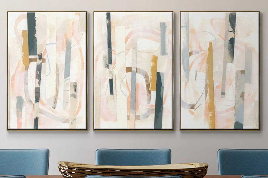 3 abstract blue and yellow paintings