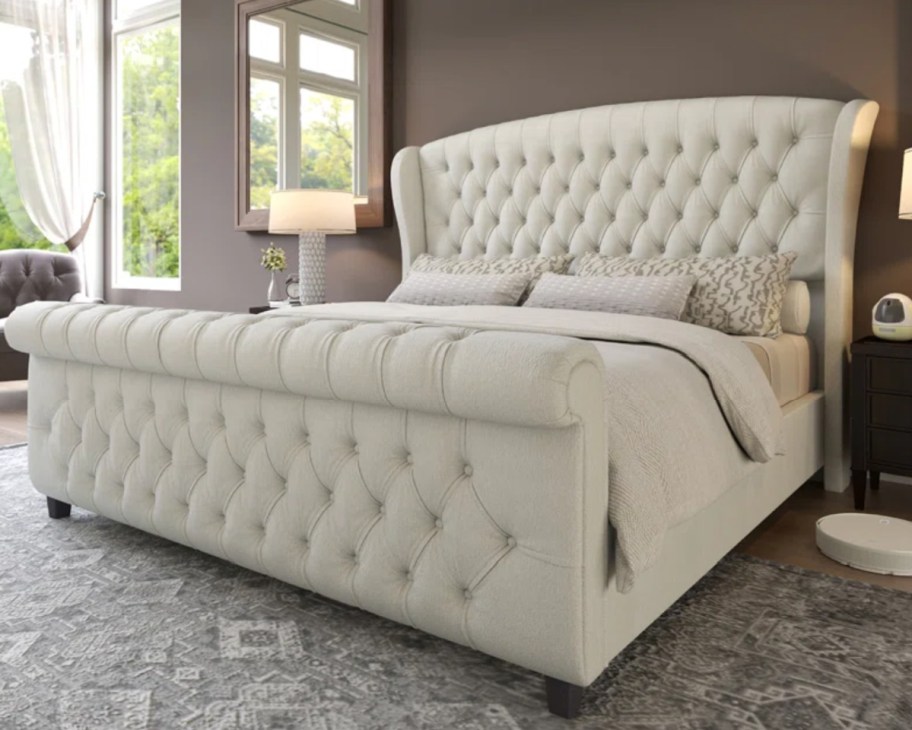beige slegh bed with knots