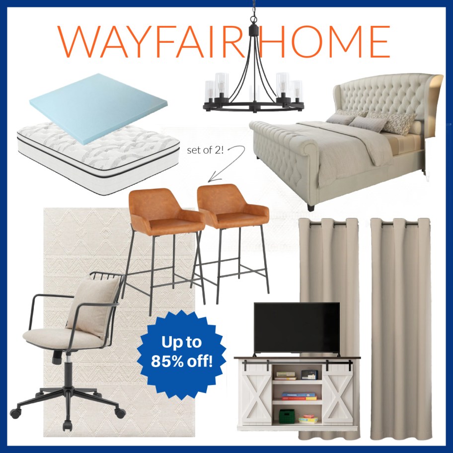 mattress, bed, counter stools, and more in collage