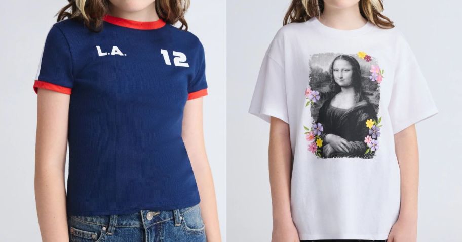 two girls wearing weekend academy shirts in blue and white