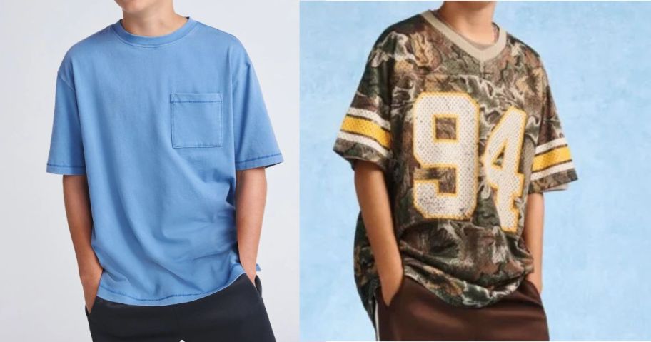 two boys wearing a weekend academy shirt in blue and a camo football jersey