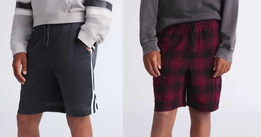 two boys wearing weekend academy shorts in black and red and black plaid