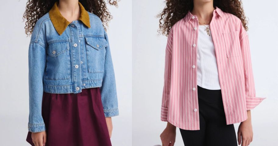 two girls wearing a weekend academy jean jacket and striped pink and white botton down long sleeve shirt