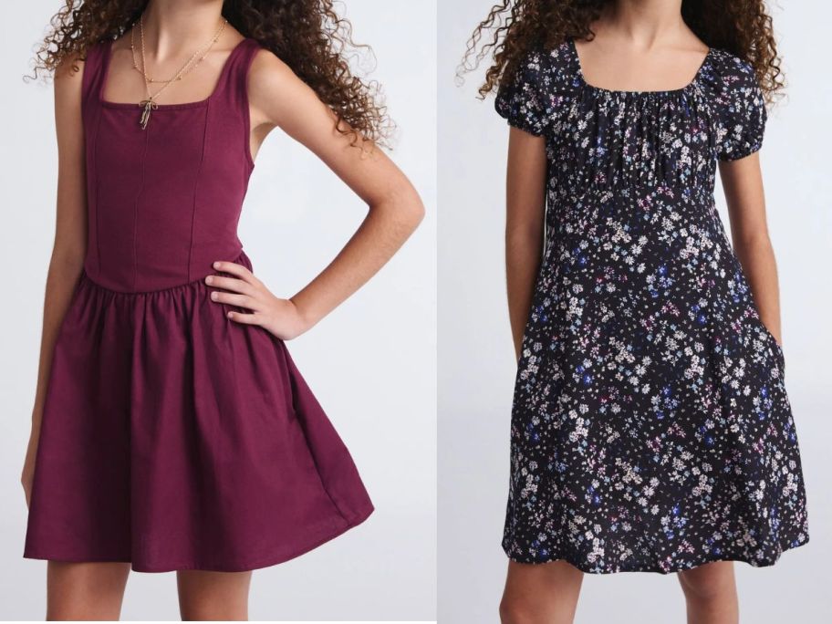 two girls wearing weekend academy dresses in burgundy and black floral