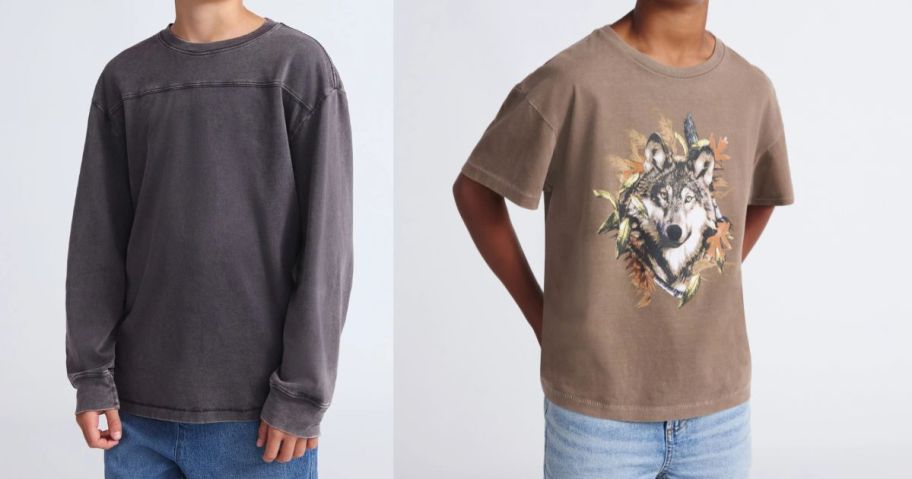 two boys wearing weekend academy shirts in grey and another with a wolf on it