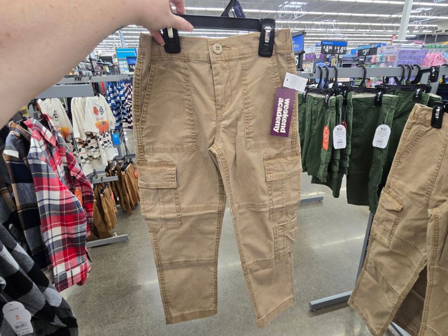 beige Weekend Academy Boys Straight Fit Cargo Pants in hand in store