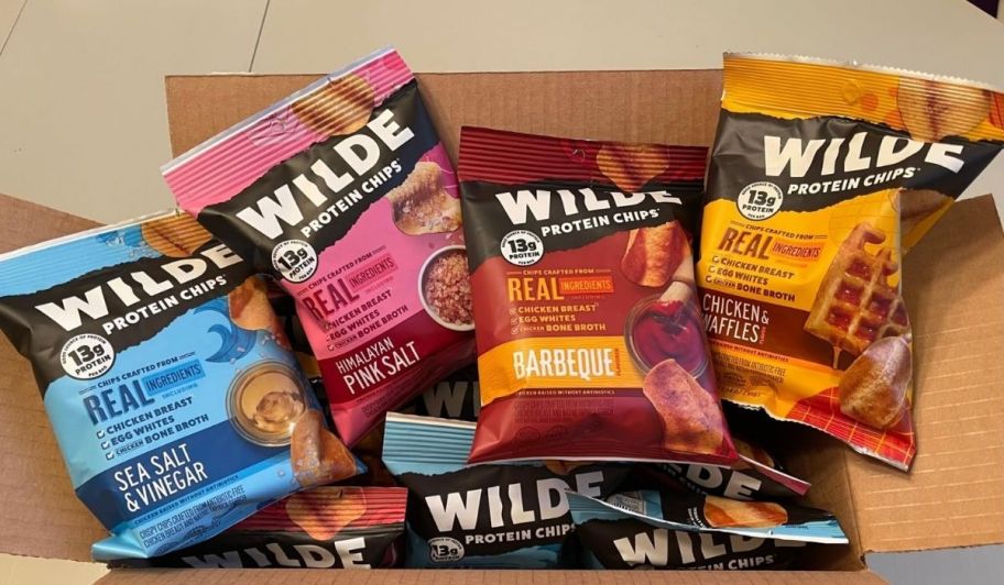 an opened variety box of keto chips displaying contents