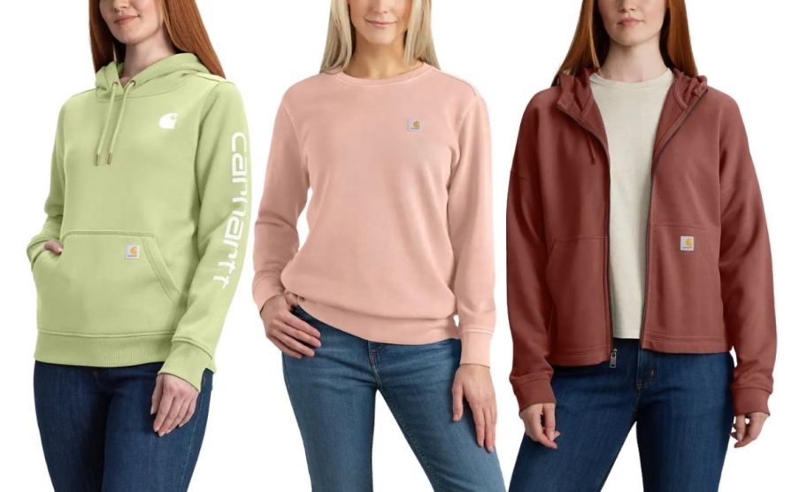 3 women wearing carhartt hoodies