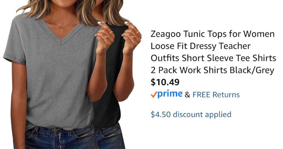 2 women wearing v-neck shirts on a white background