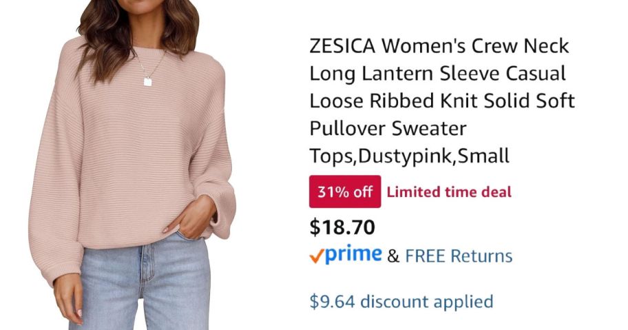 woman wearing pink sweater next to Amazon pricing information