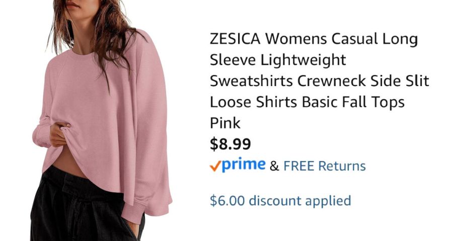 woman wearing pink sweatshirt next to Amazon pricing information