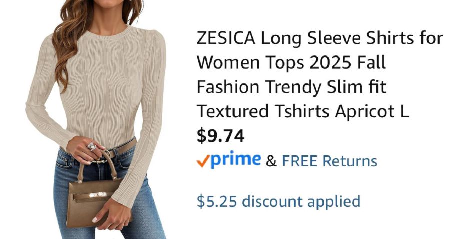 woman wearing tan shirt next to Amazon pricing information